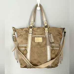 Vintage Y2K Coach Poppy Signature Sateen Spotlight Shoulder Bag in Khaki/Gold